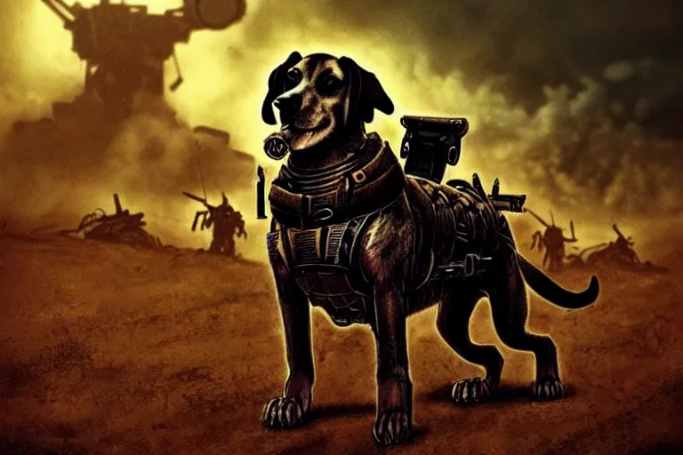 Image similar to a hound dog fursona ( from the furry fandom ), heavily armed and armored facing down armageddon in a dark and gritty version from the makers of mad max : fury road. witness me.