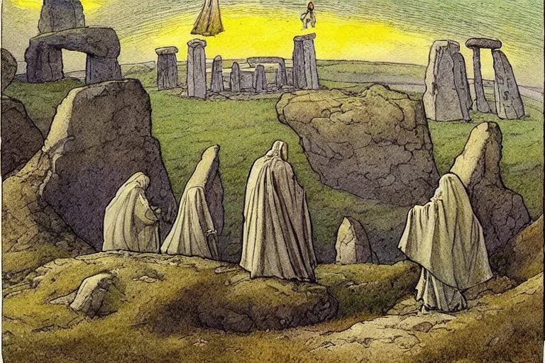 Prompt: a realistic and atmospheric watercolour fantasy concept art of a ufo landing in a tiny stonehenge. one dirty medieval monk in grey robes is pointing up at the ufo. muted colors. by rebecca guay, michael kaluta, charles vess and jean moebius giraud