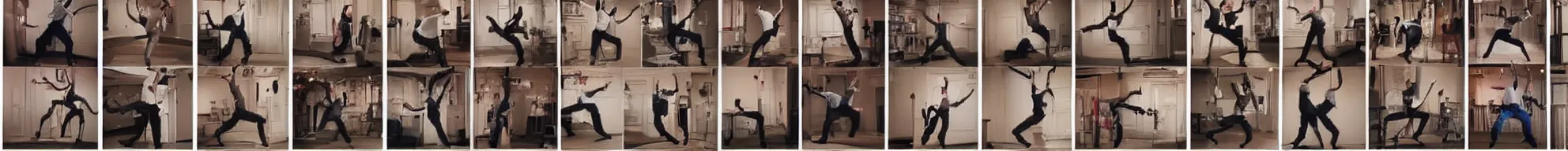 Prompt: 8 consistent frames from a video of a man dancing in a bedroom