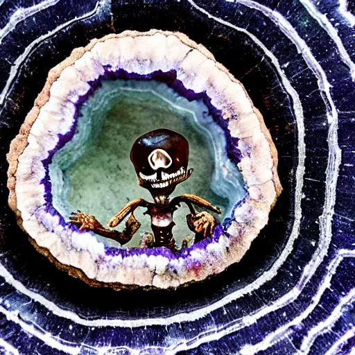 Image similar to photography of a geode with a a small body of an alien skellet inside it