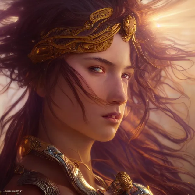 Prompt: close up portrait of a beautiful fantasy female warrior, shiny skin, glowing hair, subsurface scattering, artistic, magical glowing background with light rays, fantasy atmosphere. art by artgerm, greg rutkowski and alphonse mucha, highly detailed, intricate, lifelike. sci - fi, fantasy, magical, octane render,