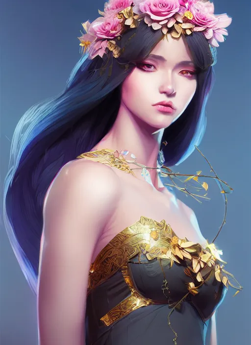 Image similar to female magician, wide angle view, flowers, blue, black, pink, gold, diamonds, highly detailed, artgerm, cushart krenz, artstation, soft light, sharp focus, illustration, character design, concept art