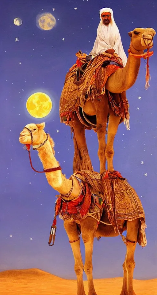 Prompt: an arabian merchant rides her camel in the desert at night, soft glow from a lantern, moon and stars in night sky, stunning, detailed oil paint