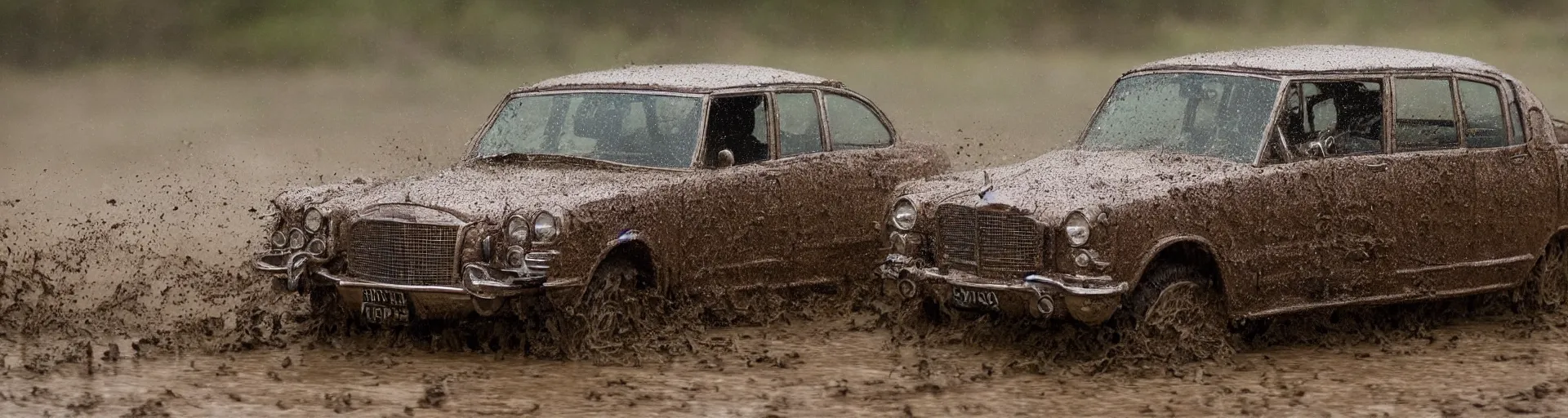 Prompt: action photography, award winning photo of an ultra detailed intricate muddy vintage lincoln car going very fast in mud, fast shutter speed, motion blur, tiny gaussian blur, highly detailed, highly intricate, depth of field, national geographic