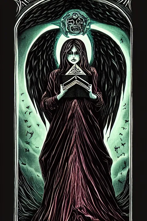 Prompt: dark angel holding a book of necronomicon, tarot card, illustration by lady frieda harris, symmetrical, cinematic, sharp focus, 4 k, ultra hd, sense of awe, sinister demonic atmosphere, dreadful, forbidden knowledge, old gods. demonology