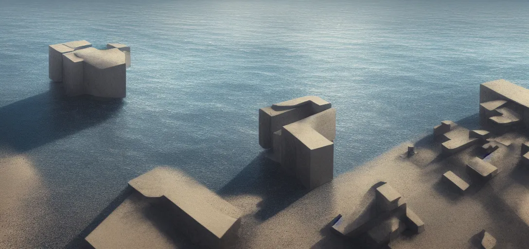 Image similar to view of sea, far away giant brutalist monolithic sea structure in the horizon, empty, clear skies, waves, reflections, refractions, caustics, dappled light, cinematic lighting, ultra detailed, sharp, ambient occlusion, raytracing, 3 d artstation render by greg rutowski, finnian macmanus and jessica rossier