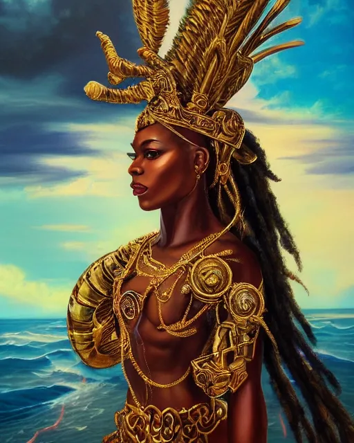 Prompt: a beautiful oil on canvas of a beautiful orisha god majestic, lightning, ornate, detailed, intricate, beautiful sea in the background, epic sky, vray render, artstation, deviantart, pinterest, sci - fi, afrofuturism, 5 0 0 px models