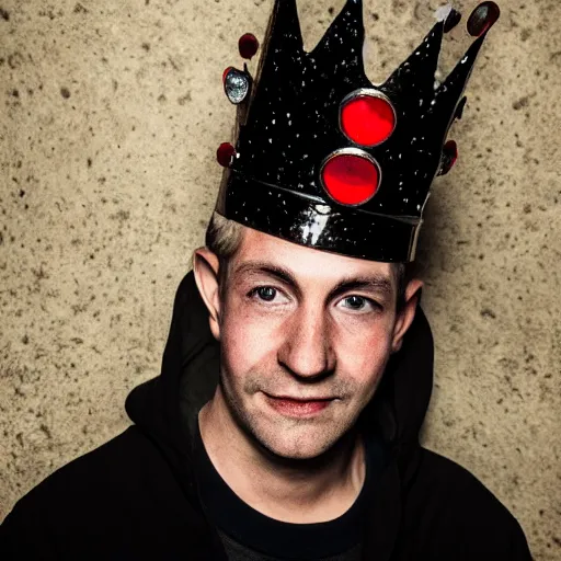 Image similar to man with a crown, smirk, photograph, black backgrounds, glowing red eyes