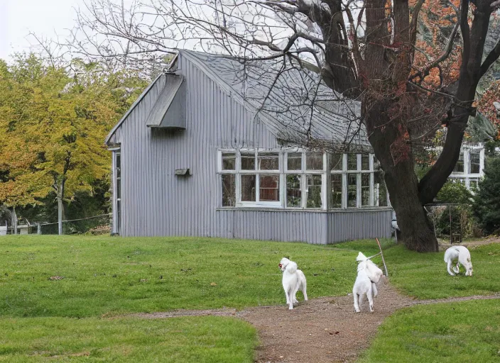 Prompt: the sour, dour, angry lady is walking her three tiny white dogs on leashes, looking down. she has gray hair. the old lady is wearing a long gray cardigan and dark pants. green house in background. large norway maple tree in foreground. view through window, across the road