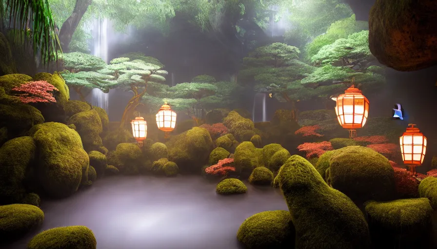 Prompt: a very cozy and surreal magical Japanese temple in a lush waterfall garden, in the style of Gucci and Wes Anderson, photographed by Petra Collins, glowing lights and floating lanterns, foggy atmosphere, rainy, moody, muted colors, magic details, very detailed, 8k, cinematic look