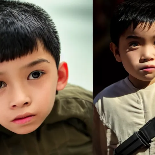 Prompt: cinematic still light skin french - vietnamese 6 year old boy in star wars, slight underbite, heart shaped face, round cheeks, crew cut hair