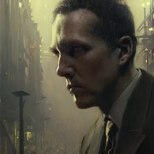 Image similar to , h p lovecraft hyperrealistic portrait, bladerunner street, art of elysium by jeremy mann and alphonse mucha and greg rutkowski, fantasy art, photo realistic, dynamic lighting, artstation, poster, volumetric lighting, very detailed face, 4 k, award winning