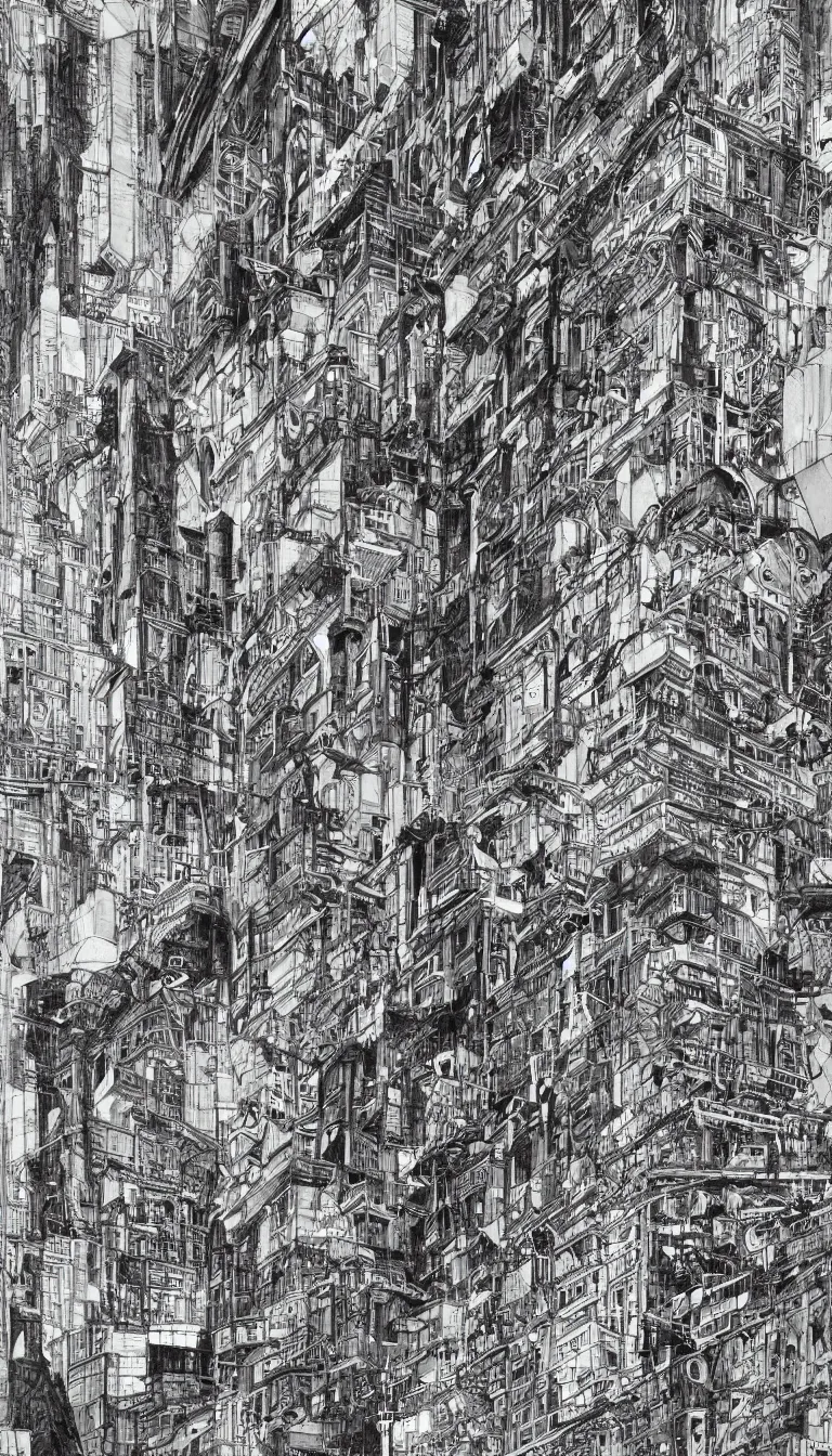 Image similar to a black and white drawing of a building, a detailed mixed media collage by hiroki tsukuda and eduardo paolozzi, intricate linework, sketchbook drawing, street art, polycount, deconstructivism, matte drawing, academic art, constructivism