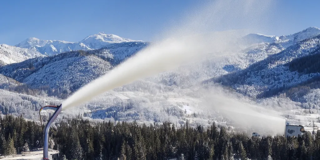 Prompt: snowgun, snowmaking, mountains at background, clear weather, 4 k,