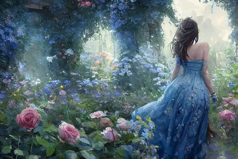 Image similar to a beautiful painting of blue roses garden, girl, by greg rutkowski, trending on artstation