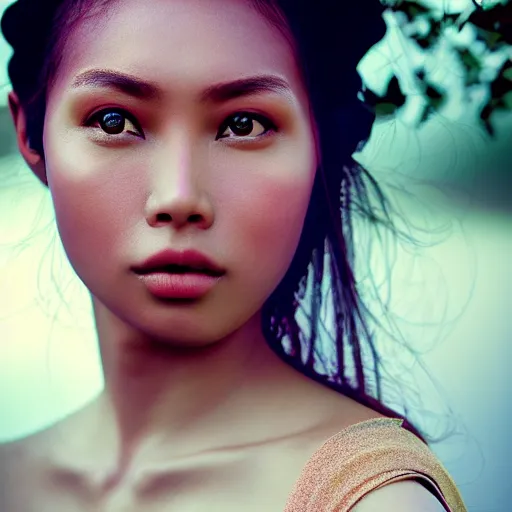 Prompt: photographic portrait of a stunningly beautiful indonesian renaissance female in soft dreamy light at sunset, beside the river, soft focus, contemporary fashion shoot, hasselblad nikon, in a denis villeneuve and tim burton movie, by edward robert hughes, annie leibovitz and steve mccurry, david lazar, jimmy nelsson, extremely detailed, breathtaking, hyperrealistic, perfect face