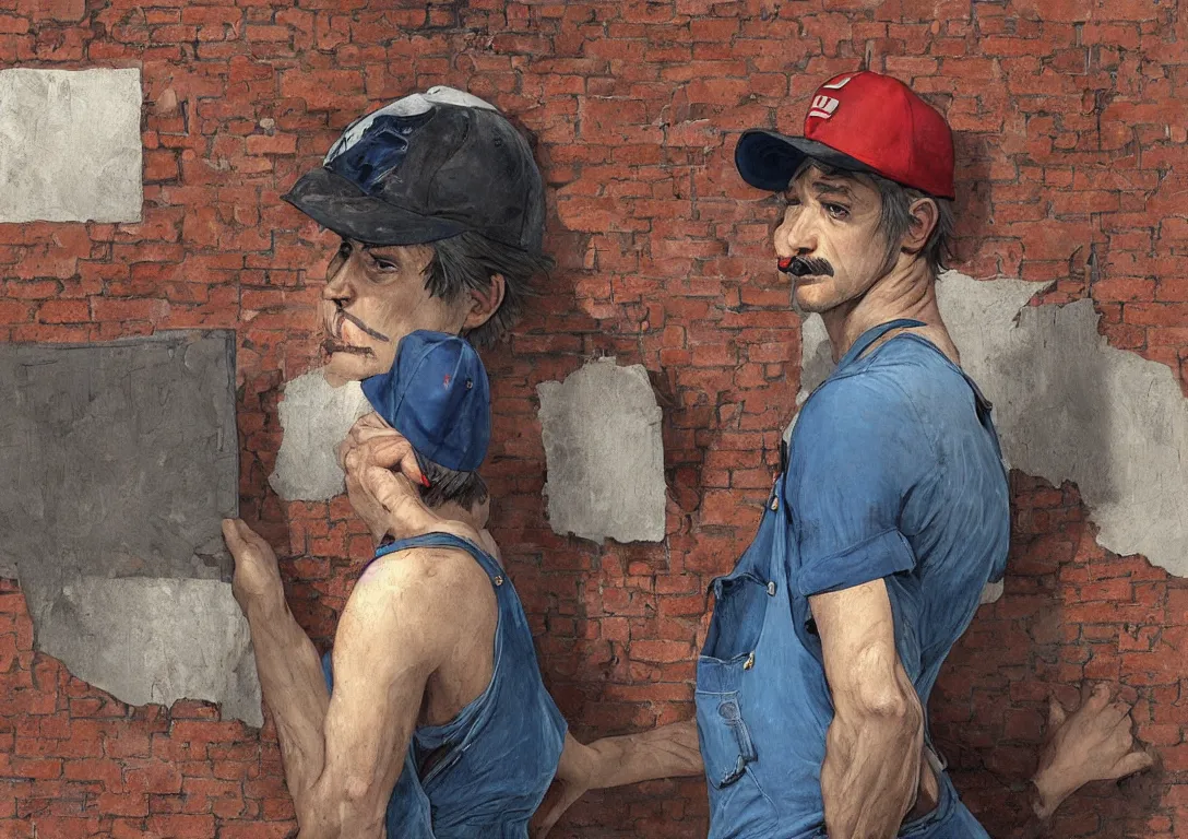 Image similar to italian man in blue overalls and red shirt with a red baseball cap and a big brown mustache with his back against a brick wall, dark mood, horror, silent hill, highly detailed, digital painting, artstation, illustration, art by artgerm and greg rutkowski and alphonse mucha and krenz cushart