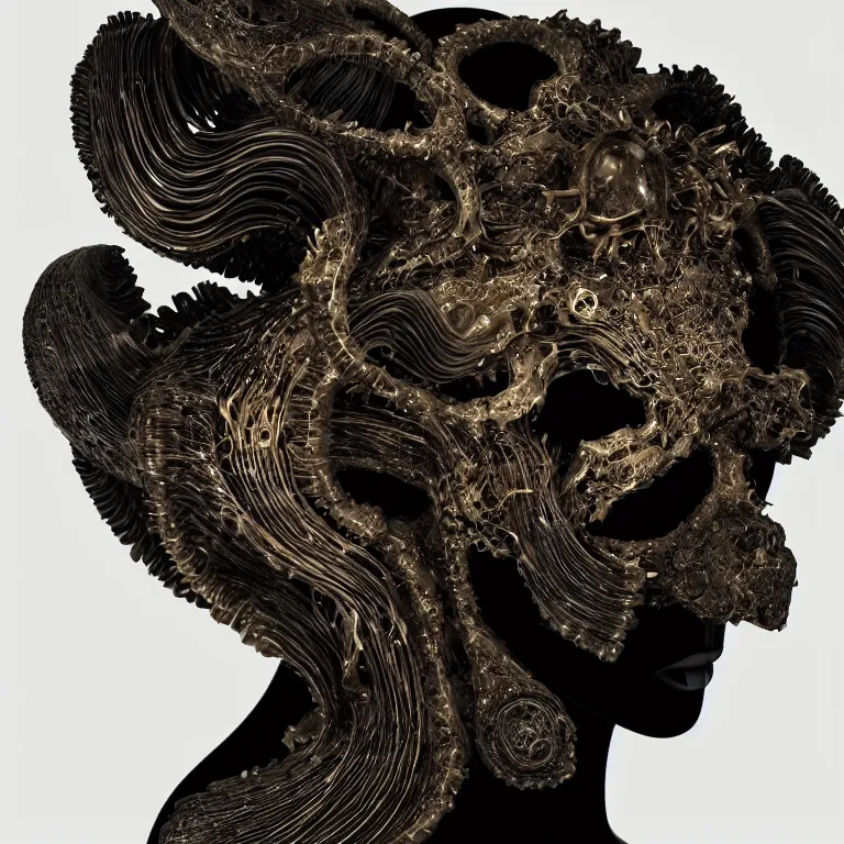 Image similar to black background. absolutely symmetrical sculpture. centered. goddess princess face close-up portrait ram skull. sculpture made of gold and black charcoal. jellyfish phoenix head, nautilus, orchid, skull, betta fish, bioluminiscent creatures, intricate artwork by Tooth Wu and wlop and beeple. octane render, trending on artstation, greg rutkowski very coherent symmetrical artwork. cinematic, hyper realism, high detail, octane render, 8k