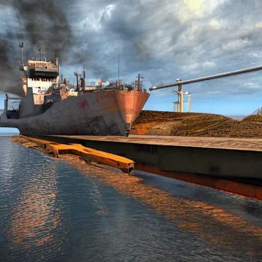 Image similar to tanker in the port loading wood , realistic photo, HDR, dramatic lighting, unreal engine render