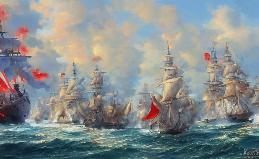 Image similar to Epic naval battle. By Konstantin Razumov, highly detailded