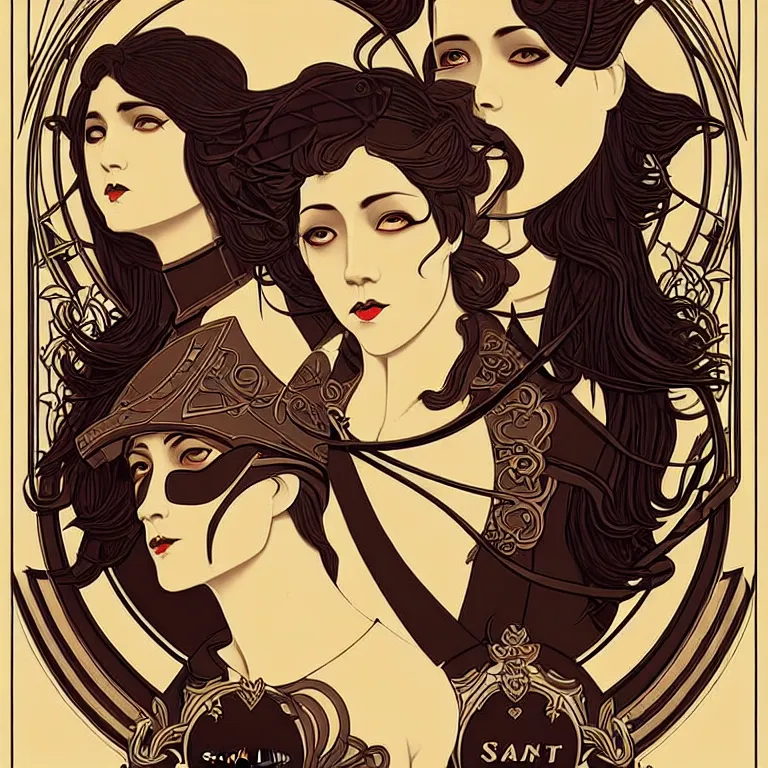 Image similar to stunning art nouveau print of 💂♀ 🪲 🤟 🥍 by stanley lau, 4 k, best on artstation, much wow, much detail