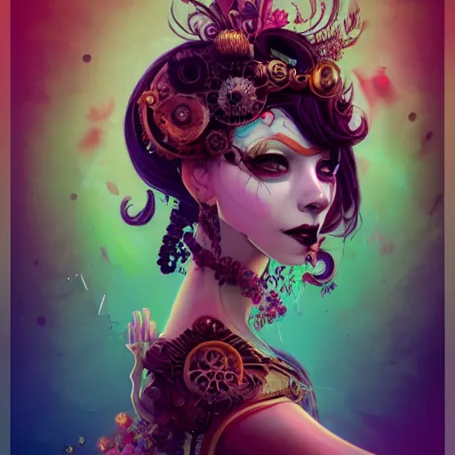 Prompt: a beautiful stunning fantasy whimsical matte digital portrait of a dark haired woman wearing an elegant ornate masquerade mask, her brain is a steampunk-style machine, her heart is full of colorful flora, concept art by Anna Dittmann and Anton Fadeev and Anato Finnstark, pastel color palette, trending on artstation hq