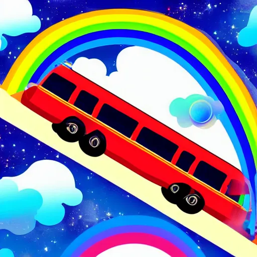 Prompt: a bus riding a rainbow in space, cartoon art, colorful