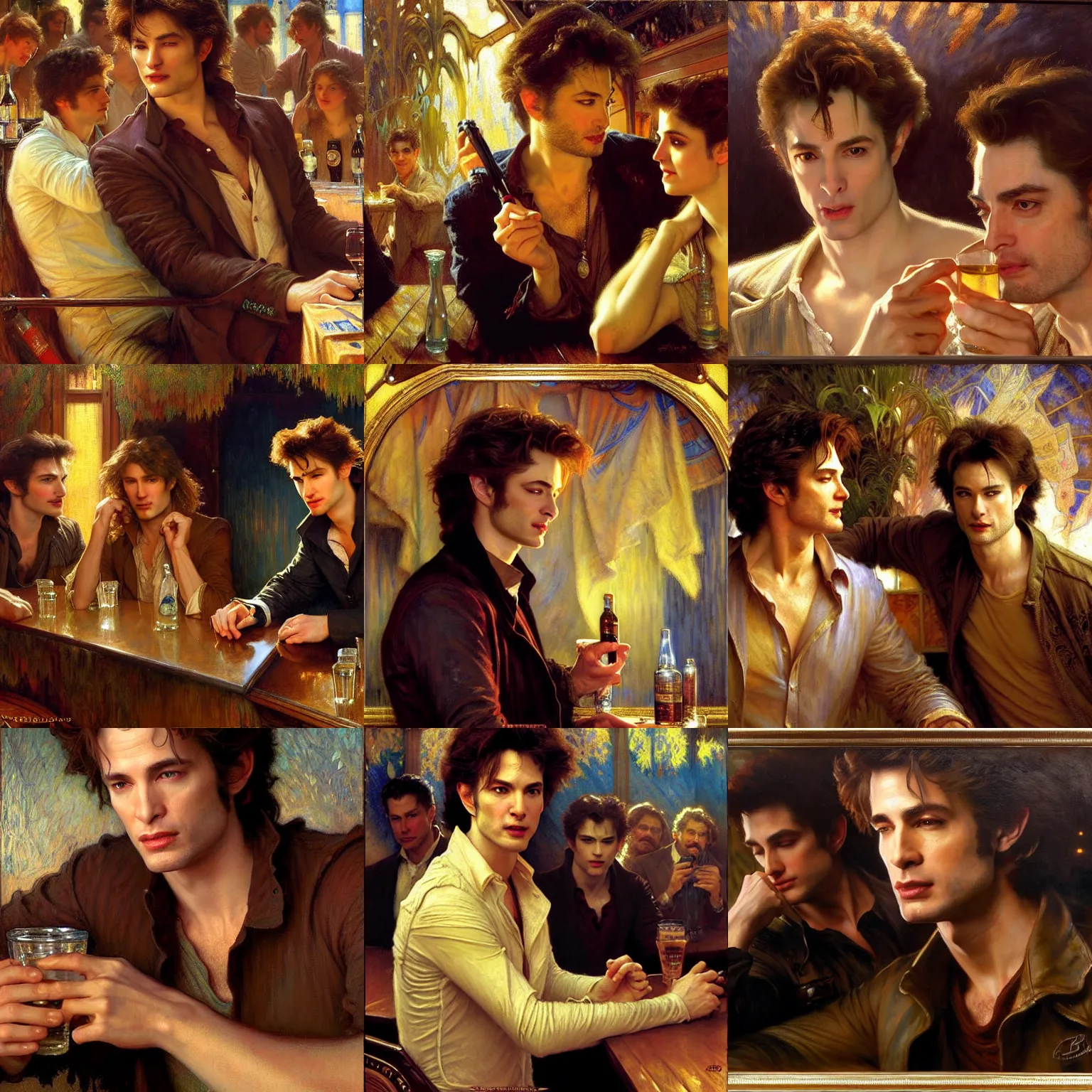 Prompt: neil breen at a bar with edward cullen highly detailed painting by gaston bussiere, craig mullins, j. c. leyendecker, alphonse mucha 8 k