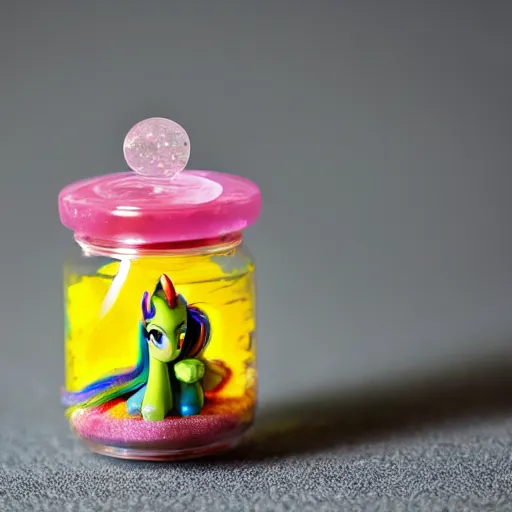 Image similar to a my little pony figure in a jar covered in a mysterious sticky yellowish fluid, photography, 8 k