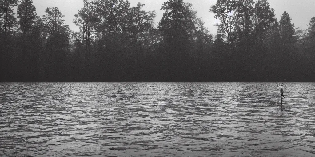 Image similar to centered photograph of a infintely long rope zig zagging across the surface of the water into the distance, floating submerged rope stretching out towards the center of the lake, a dark lake on a cloudy day, moody vibe, trees in the background, hyper - detailed photo, anamorphic lens