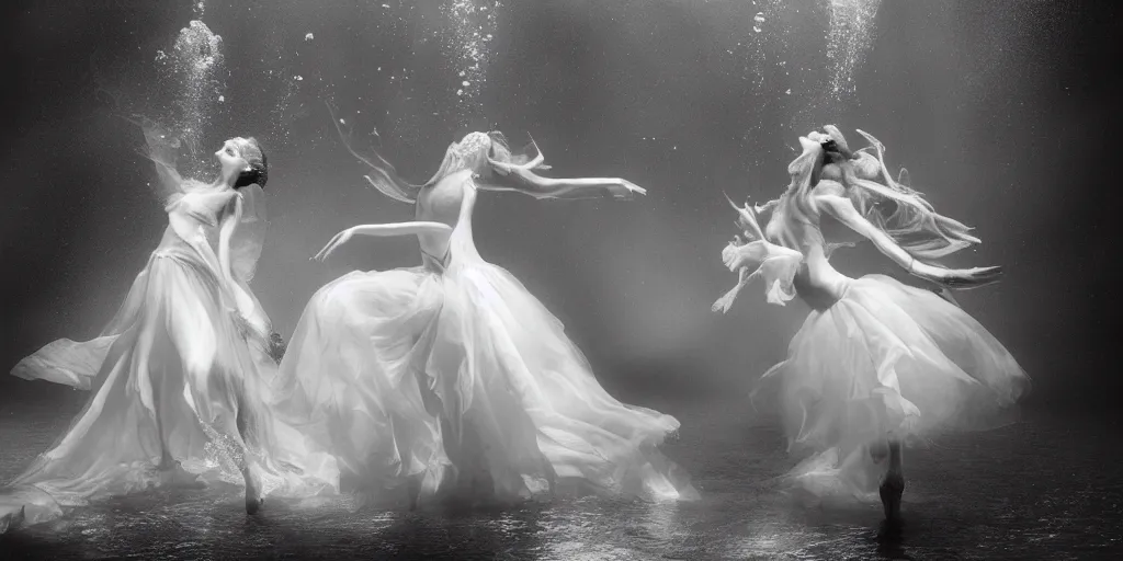 Prompt: underwater realistic photography of dancers with long gorgeous clothes , renaissance epic scene . Fluidity, elegance, beauty, in the middle of the woods, smoke in the stage. high details. by CHRISTY LEE ROGERS