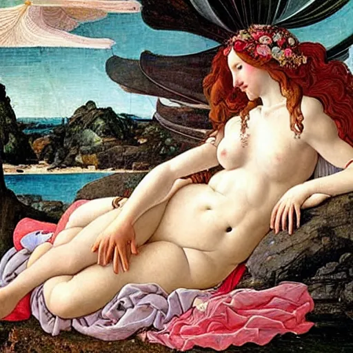 Image similar to an hyperrealistic mythological oil painting of venus with long curly brown hair, full body, wearing pink floral chiton, sleeping in a giant scallop shell, near the seashore, intricate lines, elegant, renaissance style, by sandro botticelli and william waterhouse -