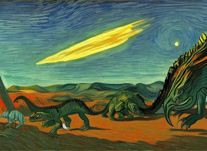 Image similar to painting of the extinction of the dinosaurs with asteroid and fire, in the style of edward hopper and vincent van gogh, dramatic lighting at dusk