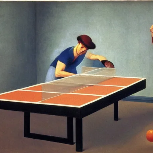 Image similar to a man playing ping pong against 3 other men by Raphael, Hopper, and Rene Magritte. detailed, romantic, enchanting, trending on artstation.