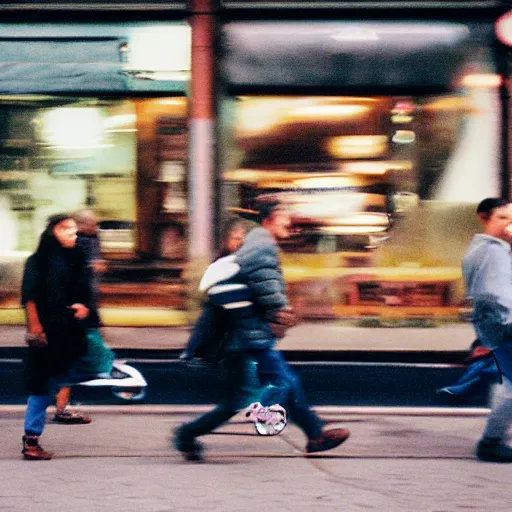 Prompt: portra 800 street photography, subject motion blur