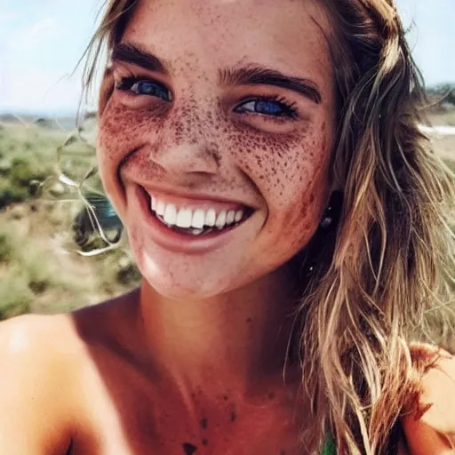 Image similar to a trending photo of over a million views from a female fashion model's instagram account, summer, freckles, smile, green eyes, natural, easygoing, healthy