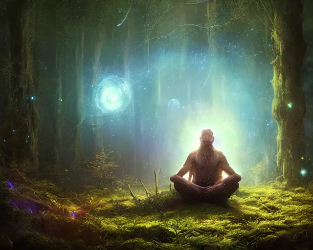 Image similar to a male druid made of an illuminated star chart meditating in a nebula forest by greg rutkowski, high key lighting, volumetric light, digital art, highly detailed, fine detail, intricate, ornate, complex, octane render, unreal engine, photorealistic