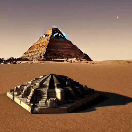 Prompt: archeological dig reveals wrecked alien spacecraft in egypt, pyramids in background, artstation