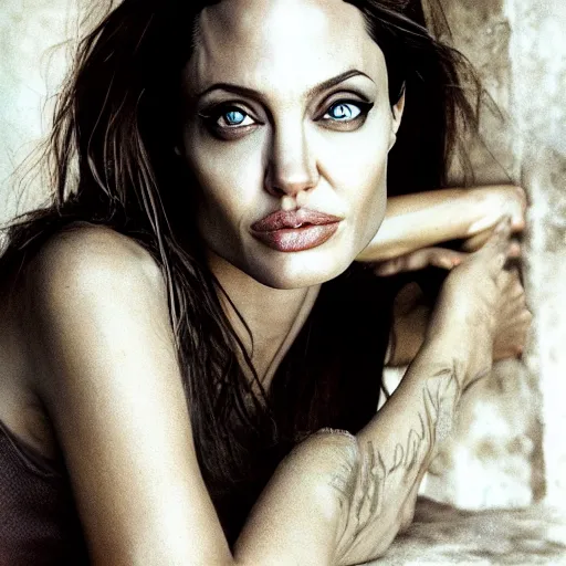 Prompt: very detailed and textured photo portrait of Angelina Jolie, by Steve McCurry, 50mm 4k