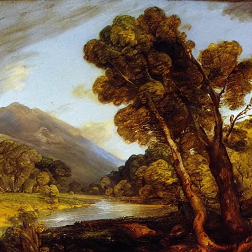 Image similar to new zealand landscape painting, oil painting by thomas gainsborough, hudson river school