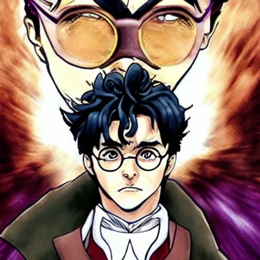 Image similar to Harry Potter as a Jotaro Kujo in JoJo\'s bizarre adventure, epic composition