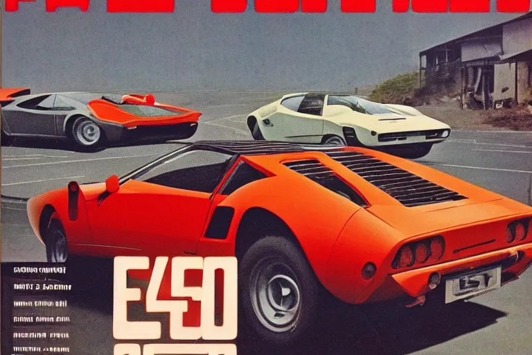 Image similar to 1969 Popular Science Magazine Cover of a single 1965 De Tomaso Pantera, with elements of the F40, Lotus, BMW M1, GT40 and Countach, city in cyberpunk style by Vincent Di Fate, vintage race footage, movie still, speed, cinematic Eastman 5384 film