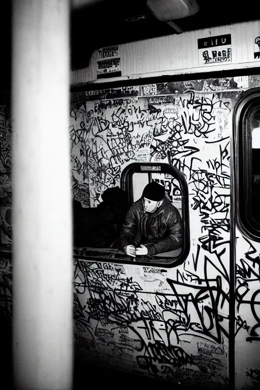 Image similar to subway cabin inside all in graffiti, man in stussy jacket closeup writing graffiti, night, film photography, exposed b & w photography, christopher morris photography