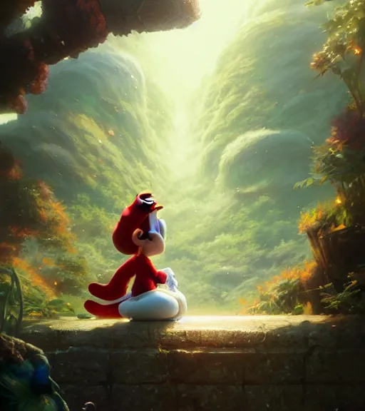 Image similar to highly detailed portrait yoshi from mario, stephen bliss, unreal engine, fantasy art by greg rutkowski, loish, rhads, ferdinand knab, makoto shinkai and lois van baarle, ilya kuvshinov, rossdraws, tom bagshaw, global illumination, radiant light, detailed and intricate environment