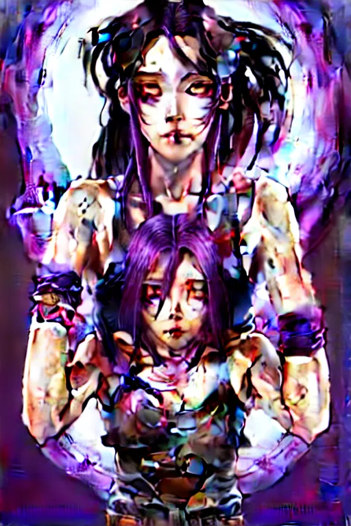 Image similar to a portrait of dilraba dilmurat as revy from black lagoon, smirk, black tank top, jean shorts, brown eyes, purple hair, tribal tattoo sleeve right arm, symmetrical eyes, symmetrical face, art by lois van baarle and loish and ross tran and rossdraws and sam yang and artgerm