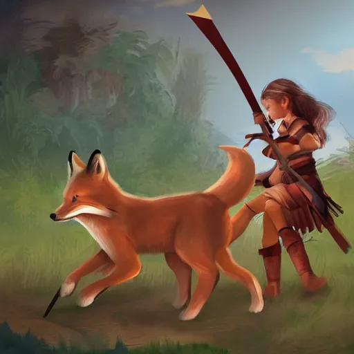 Image similar to a female child warrior holding a spear and riding a giant fox into war, digital art, concept