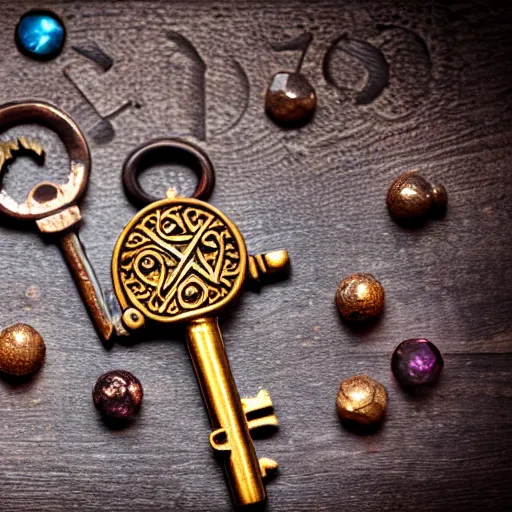 Image similar to a large ornate key with gems and engraved runes, on a rough wooden dungeon table, very little light, candlelit, d & d, underexposed macro photo