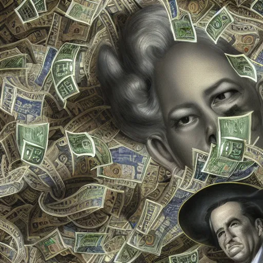 Image similar to tornado made of dollar bills, raining dollar bills, heavy winds and clouds of cash in the background, Realistic, Regal, Refined, Detailed Digital Art, Michael Cheval, Walt Disney (1937), François Boucher, Oil Painting, Steampunk, Highly Detailed, Cinematic Lighting, Unreal Engine, 8k