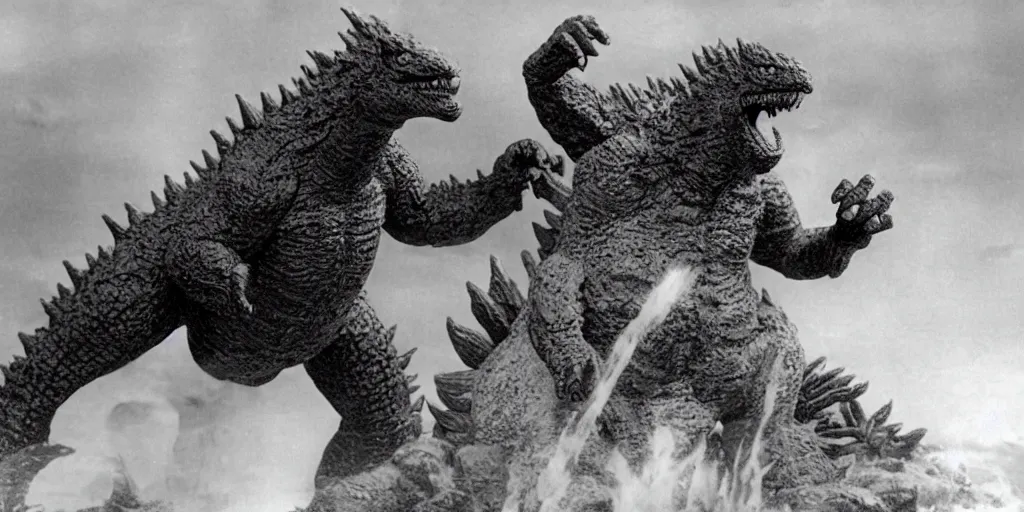 Image similar to a photo of godzilla tron fighting claymation rodan