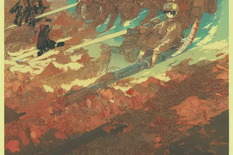 Image similar to the battle of minatogawa, retro fantasy style, victo ngai, moebius, studio ghibli